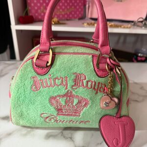 Y2K Juicy Couture “Juicy Royal Couture” Green & Pink Mini Bowler Bag. SOLD